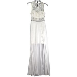 BCX Sheer Lace Overlay Off-White Dress Sz 3 Juniors Sleeveless Sequin Split Prom